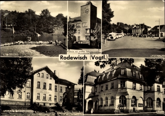 Postcard Rodewisch in Vogtland Saxony, at the gondola pond, school, school observatory, town hall, technical school