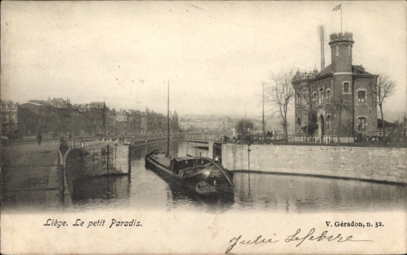 Postcard Liège Liège Wallonia, small harbor, boat, building, river