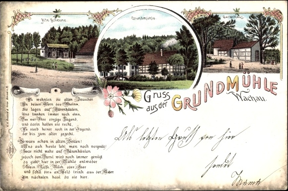Chromo-Litho Wachau Sachsen, greetings from the ground mill, old barn, garden shed