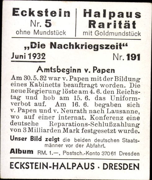Collector's picture The post-war period No. 191 June 1932 Start of office v. Papen, v. Neurath, departure to Lausanne