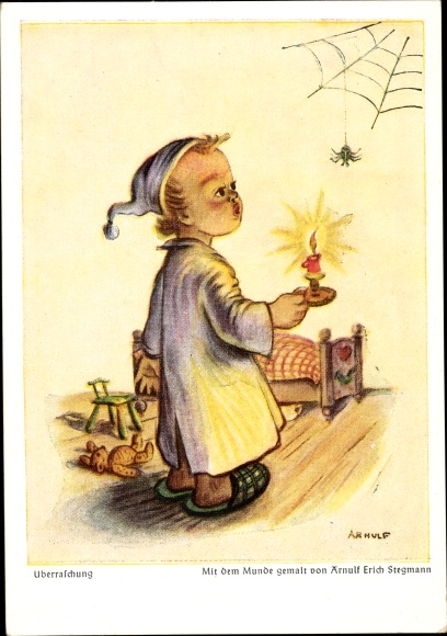 Artist PC Stegmann, Arnulf Erich, surprise, boy, spider, teddy, mouth painter