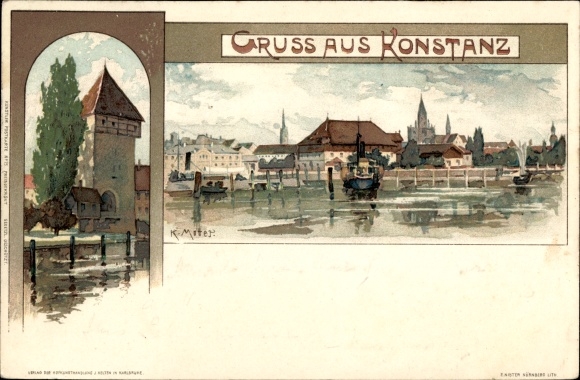 Artist Chromo-Litho Mutter, K., Constance on Lake Constance, city view, tower