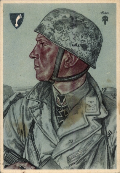 Artist Postcard Willrich, Wolfgang, airborne troops, Captain Egon Delica, Knight's Cross recipient