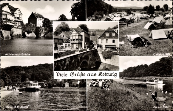 Postcard Kettwig Essen in the Ruhr area, mill pond bridge, campsite, hotel ship Thelis, Ruhrpartie