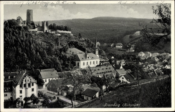 Postcard Stromberg im Hunsrück, church and castle ruins, houses