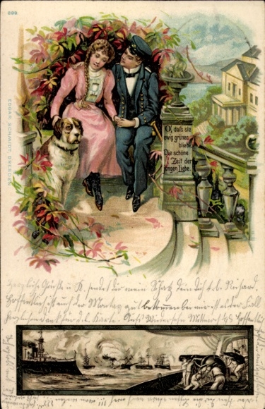 Chromo-Litho lovers with dog, sailor, warship