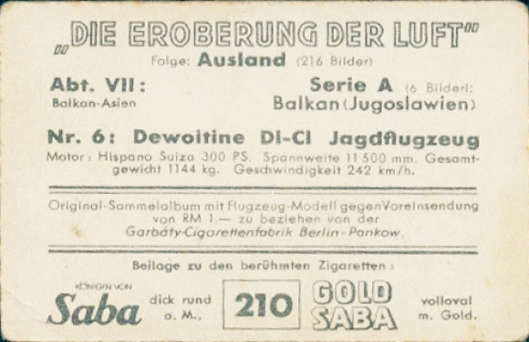 Collector's card The Conquest of the Air, Section VII Series A No. 6, Dewoitine DI-CI fighter aircraft, Yugoslavia