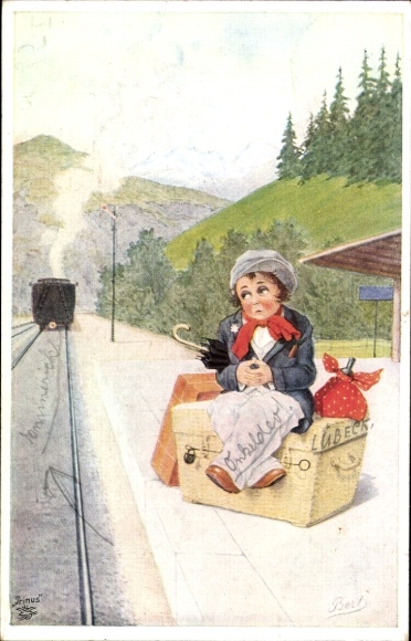 Artist Postcard Child waiting on the platform, railway, station, travel