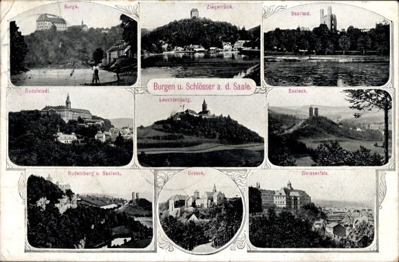 Postcard Ziegenrück at the Slate Mountains Thuringia, castles on the Saale, Weißenfels, Saaleck, Burgk