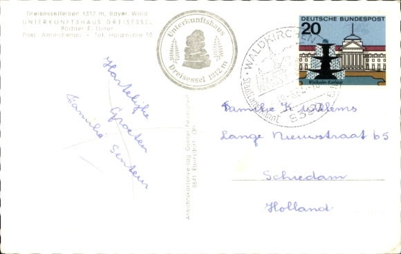 Postcard border between Germany, Austria and CSR, border stone