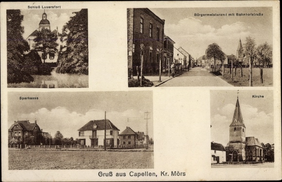 Postcard chapels Moers am Niederrhein, savings bank, mayor&#39;s office, church, Lauersfort Castle