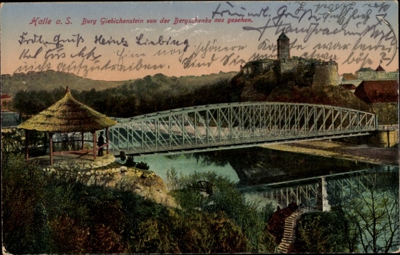 Postcard Giebichenstein Halle an der Saale, Giebichenstein Castle, bridge, water, mountain tavern