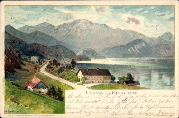 Artist Chromo-Litho Deuchert H., Kochel am See in Upper Bavaria, houses, mountain landscape