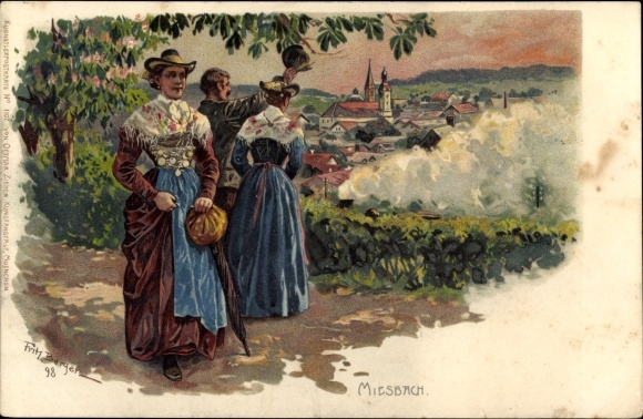 Litho Miesbach in de regio Oberland van Opper-Beieren, zicht op de plaats, man, vrouw in klederdracht