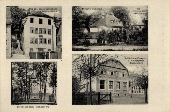 Postcard Blankenburg am Harz, The old kindergarten building, Fröbel's apartment, Fröbel monument, Fröbelhaus M