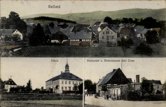 Ak Reifland Lengefeld im Erzgebirge Sachsen, Postkartenansicht, Schule, Restaurant Emil Claas,...