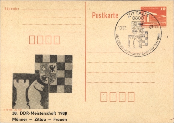 Pocztówki pocztówkowe szachy, nadruk: 38, mistrzostwa NRD, 1988, mężczyźni - Zittau - kobiety