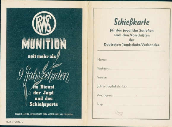 Folding PC shooting card Dt. Jagdschutz Verband, RWS ammunition, Dynamit AG vorm. Alfred Nobel Nuremberg