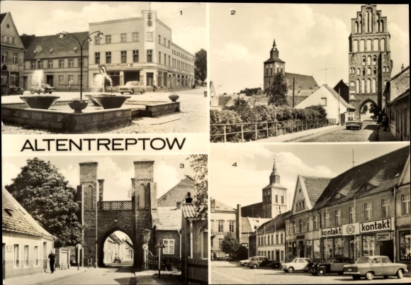 Ak Altentreptow in Mecklenburg-Vorpommern, vooraanzicht met diverse gebouwen, fontein, ...