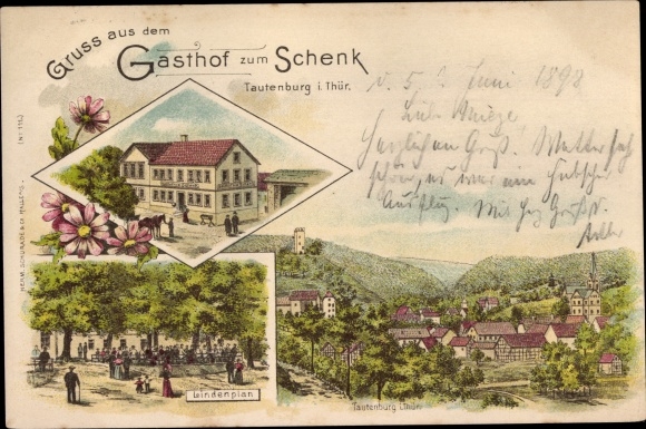 Litho Tautenburg in Thüringen, Gasthof zum Schenk, Lindenplan, Gesamtansicht