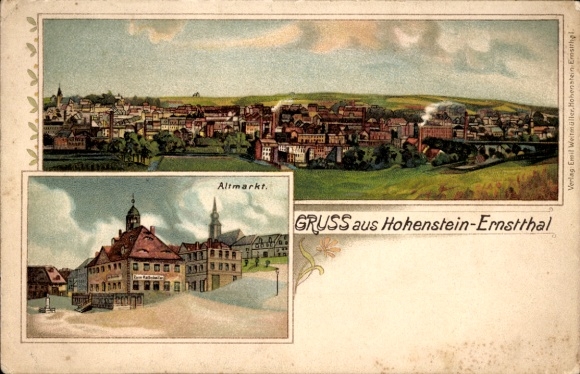 Litho Hohenstein Ernstthal in Sachsen, Panorama, Altmarkt, Rastkeller, Rathaus