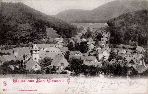 Ak Bad Grund im Harz, Landschaftsaufnahme, Häuseransicht, Berge im Hintergrund, "Gruss aus Bad...