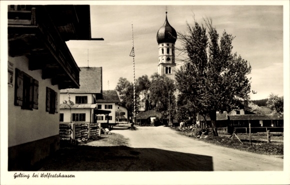 Postcard Gelting Geretsried, street view, view of the church