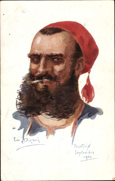 Kunstenaarskaart Dupuis, Emil, Franse soldaat, sigaret