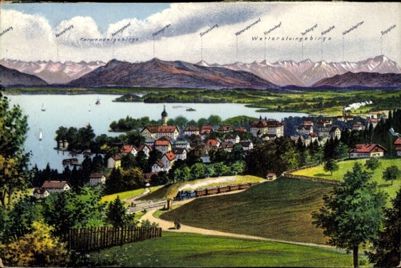 Postcard Tutzing in the district of Starnberg, Upper Bavaria, village with landscape view, Karwendel Mountains, Jochberg