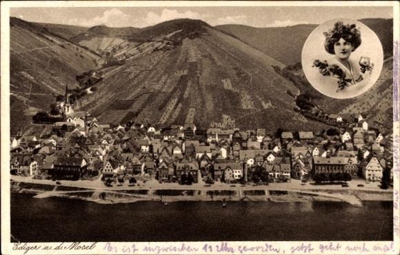 Postcard Ediger Eller on the Moselle, landscape on the Moselle, row of houses, woman with flower wreath, portrait