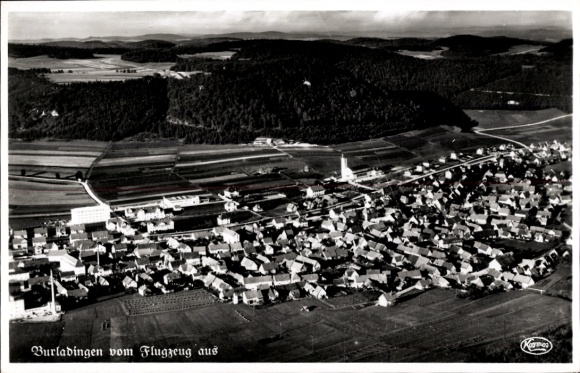 Postcard Burladingen in the Swabian Alb, aerial view of many roofs, landscape in the background