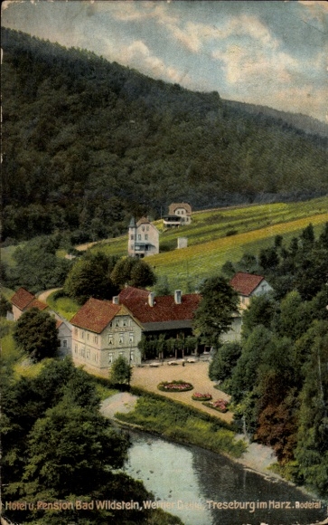 Ak Treseburg Thale im Harz, Hotel Bad Wildstein, Naturansicht, Fluss, Grün, Gebäude