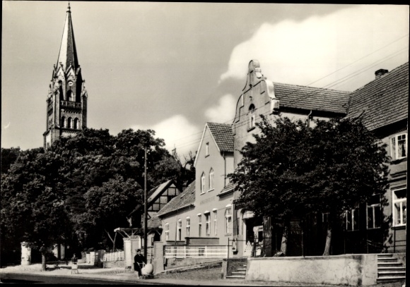 Postcard Röbel an der Müritz, Straße der Einheit, church tower