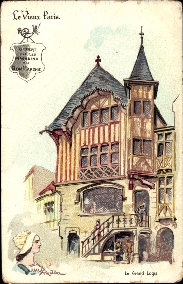 Artist Chromo-Litho Robida, Albert, Old Paris, the Grand Logis, Bon Marché stores