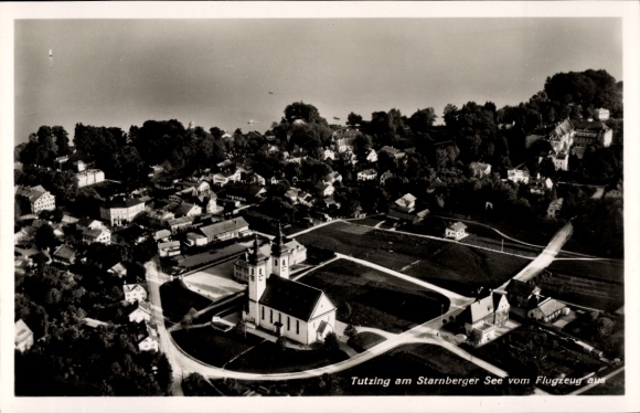Postcard Tutzing on Lake Starnberg Upper Bavaria, aerial view of Tutzing, Lake Starnberg, church, residential