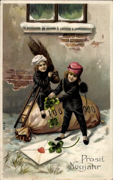 Litho Glückwunsch Neujahr, Kleeblatt, Schornsteinfeger, Geld