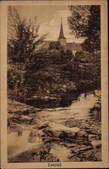 Postcard Zweifall Stolberg in the Rhineland, water game, church tower