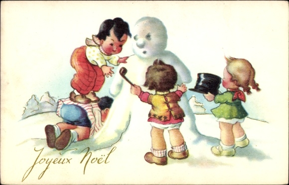 Ak Glückwunsch Weihnachten, Kinder bauen einen Schneemann