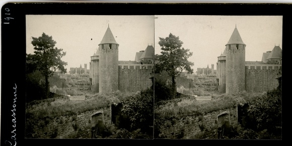 Stereo photo Carcassonne Aude, castle, 1910