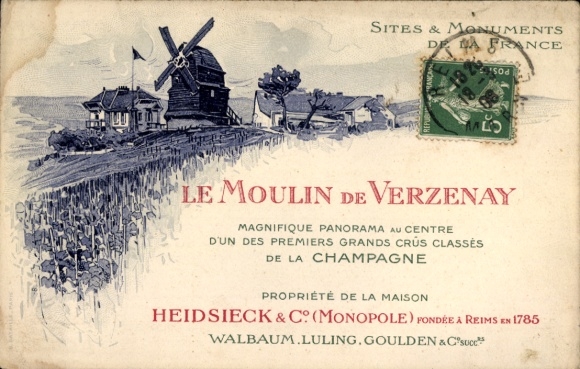 Postcard Verzenay-Marne, mill, wonderful panorama in the center, house, Heidsieck