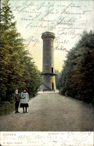 Postcard Barmen Wuppertal, pictures of two people, tower in the background, Waldstraße, from Barmen