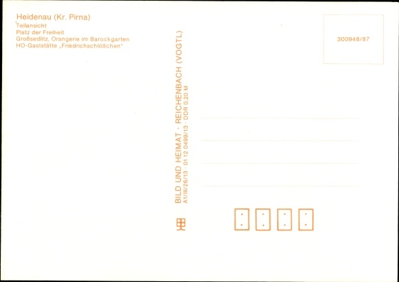 Postcard Heidenau in Saxony, Freedom Square, orangery, baroque garden, Friedrichschlösschen restaurant