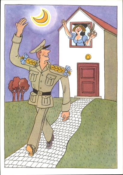 Artist Postcard Henniger, Barbara, soldier of the NVA, military trade organization, humor