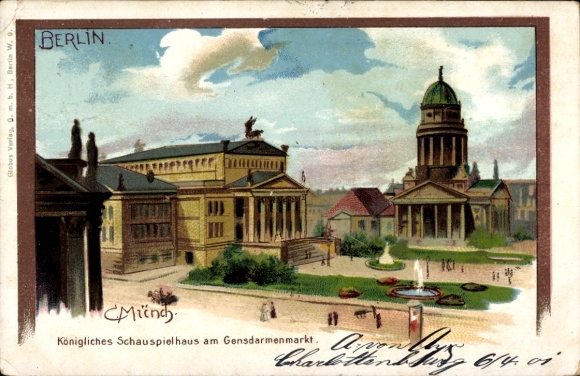 Artist Chromo-Litho Münch, C., Berlin Mitte, Gendarmenmarkt, Royal Theater, Fountain, Cathedral