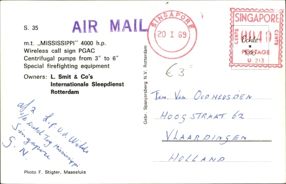 Postcard MT Mississippi, tug, L. Smit &amp; Co., Rotterdam