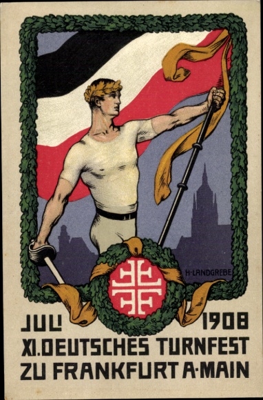 Artist Postcard Landgrebe, H., 11th German Gymnastics Festival in Frankfurt am Main 1908, cityscape, gymnast