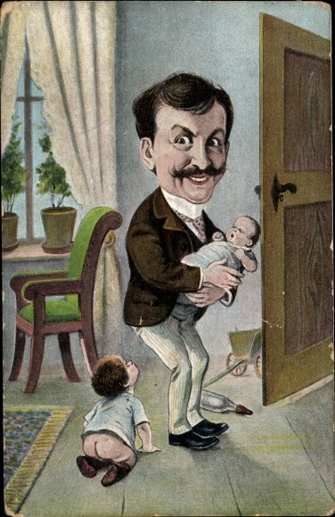 Artist Postcard Father with baby in his arms, toddler cooks on the floor