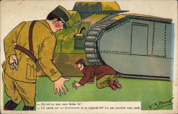 Artist Postcard Spahn, Woman in uniform crawling under a tank
