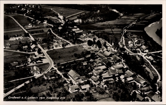 Postcard Großweil an der Loisach Upper Bavaria, aerial view of Großweil, houses, landscape, river