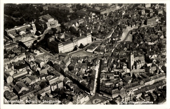 Postcard Darmstadt in Hesse, aerial view of the castle, city center, architecture